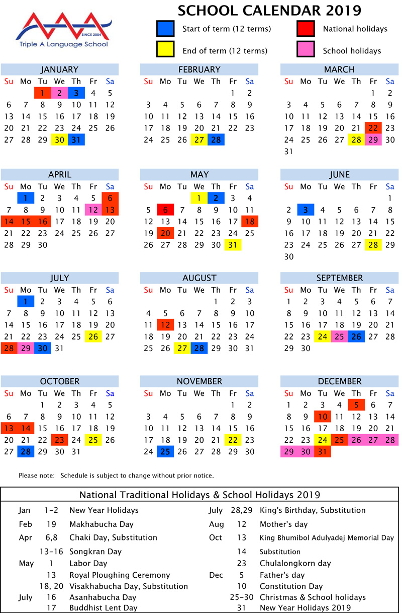 school calendar Starting date ǀ AAA Thai Language school