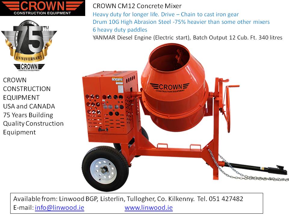 CROWN CM12 Road Towable Concrete Mixer with YANMAR Diesel Engine, 340 litre output