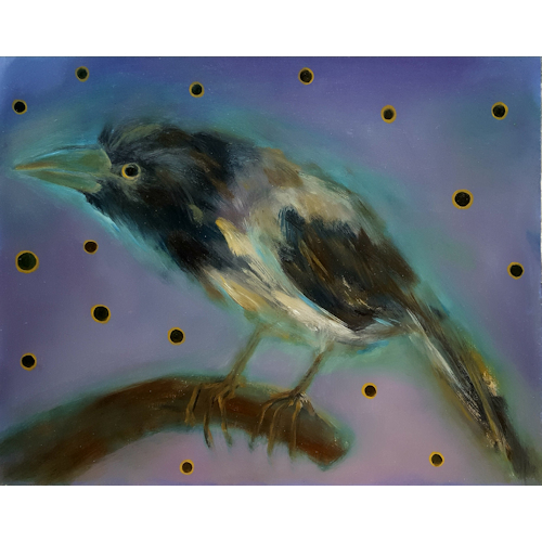 Magpie in a twilight-eyed sky. 50x65, oil