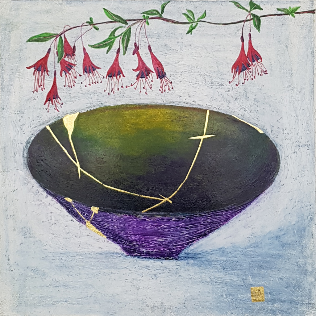 Contemporary painting of a purple green kintsugi bowl with fuchsia flowers and  gold repair.