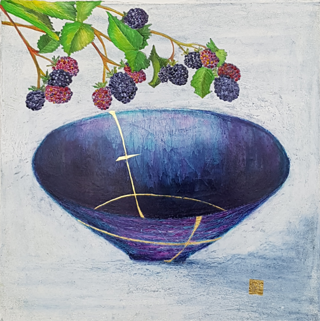 kintsugi bowl blue purple blackberry blackberries broken bowl gold Irish art prints
