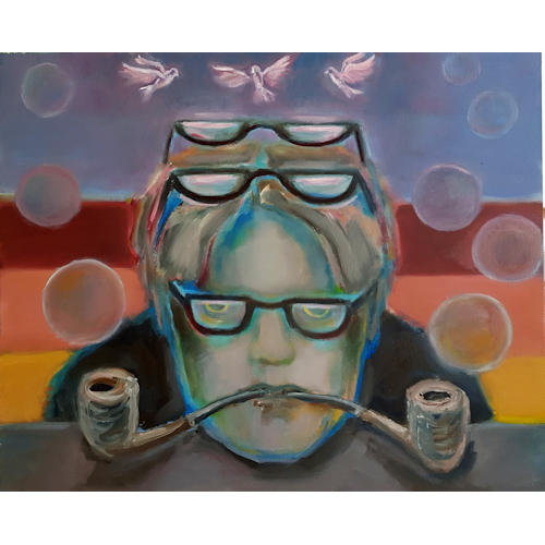 Anonymus with 3 glasses, two pipes, 8 bubbles and 3 pink pigeons. 50x65; oil