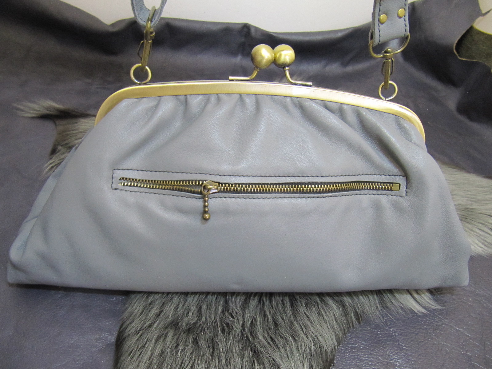 Grey leather & vintage gold clasp top bag