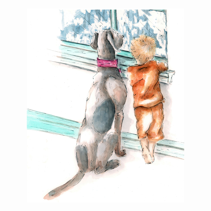 Size A3 Dog & Child  Watercolour Pencil & Ink Illustration