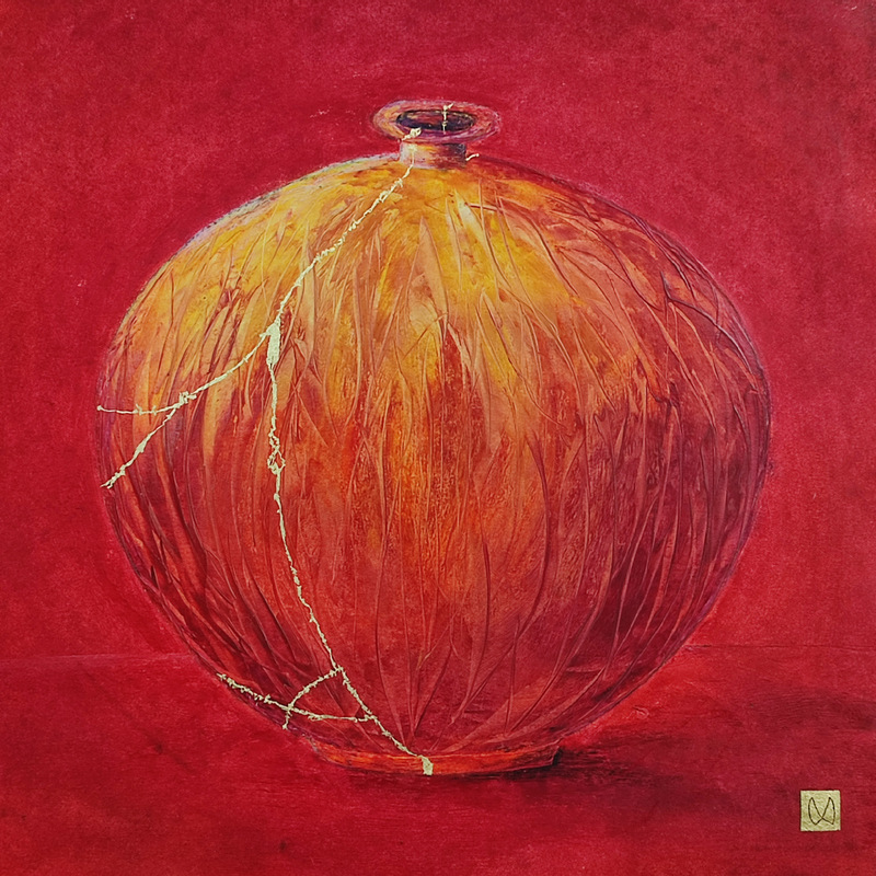 Painting of a kintsugi vessel in tones of red, orange and yellows. Like burning flames of a Pheonix bird.