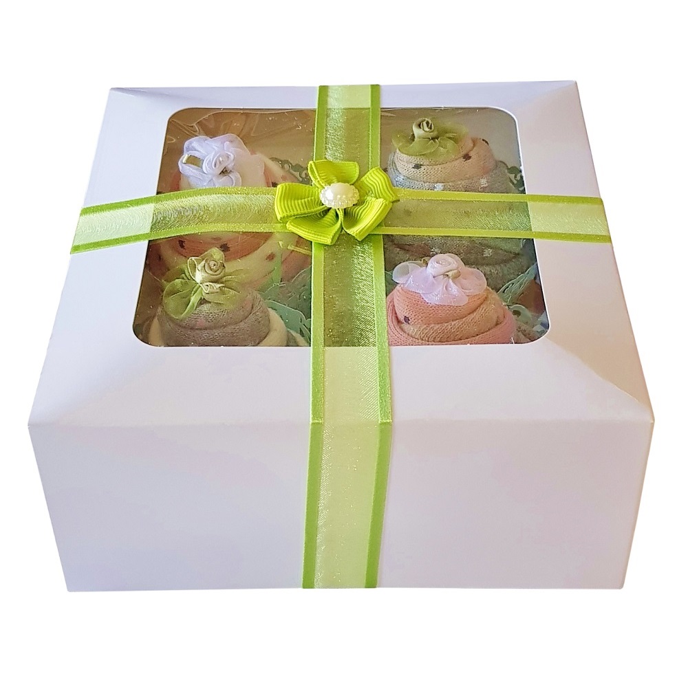 Women's Sock Cupcakes, Green Ribbon Gift Box.