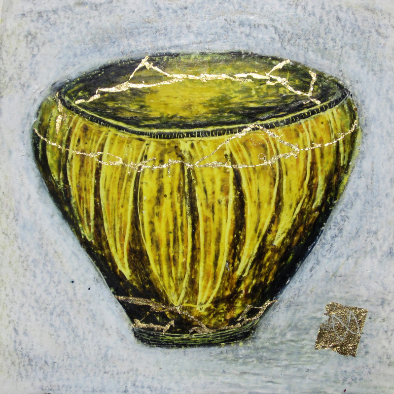 painting of Japanese kintsugi tea bowl with gold by Irish artist yellow black