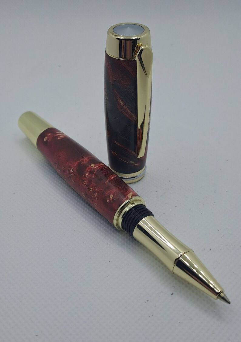 Handmade Stabilized Red and Black Dyed Maple Burl Executive Pen Gift Set - Luxury Writing Instrument with Gold and Silver Accents, Leather Case, and Ink Refill - Perfect Gift for Professionals and Special Occasions in Ireland and USA
