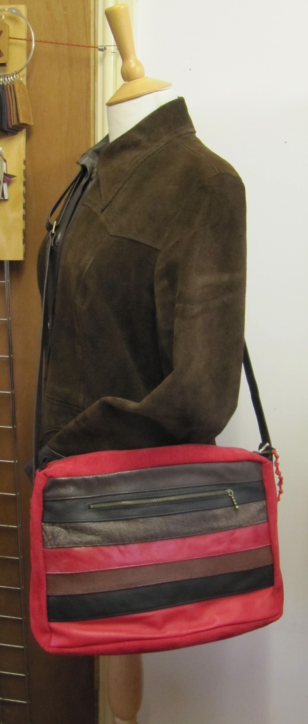 Leather and suede stripe handbag reds