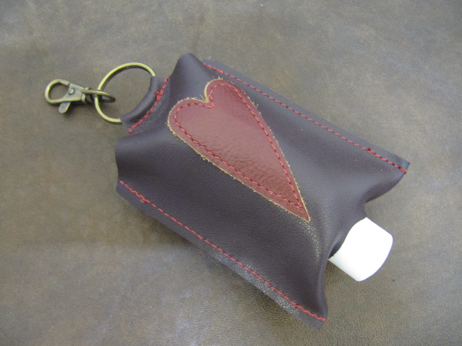 Leather Hand Sanitizer Carrier - Brown with Red Heart
