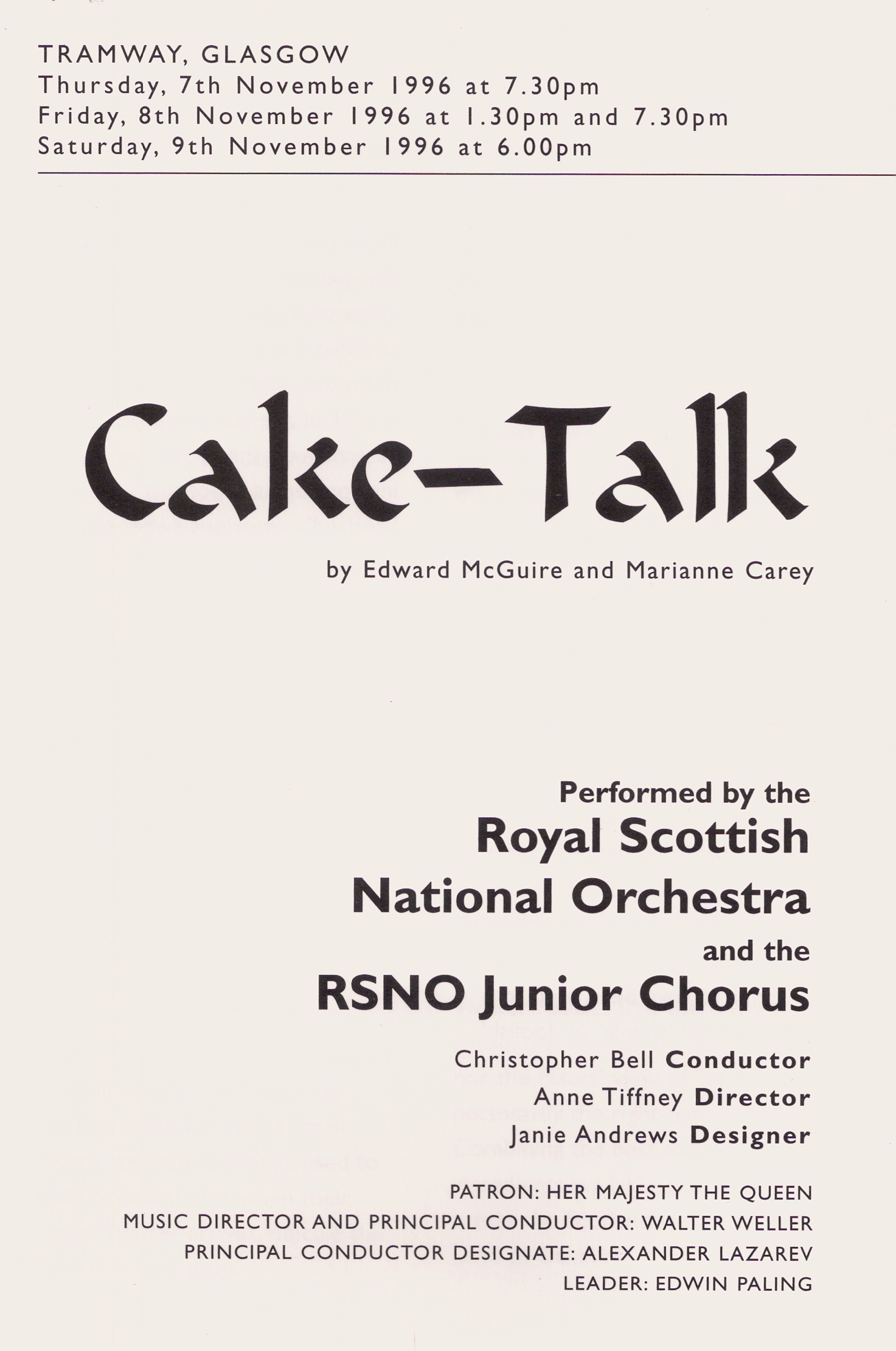 Cake-Talk, music by Eddie McGuire, text by Marianne Carey November 1996