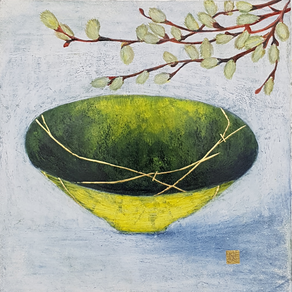 Contemporary painting of a yellow green kintsugi bowl with willow catkins gold repair.