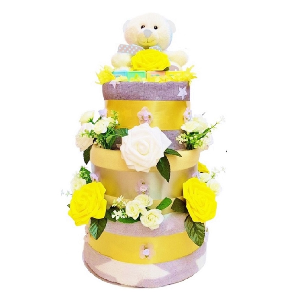 Beautiful Yellow & Grey Nappy Cake for a Girl or Boy