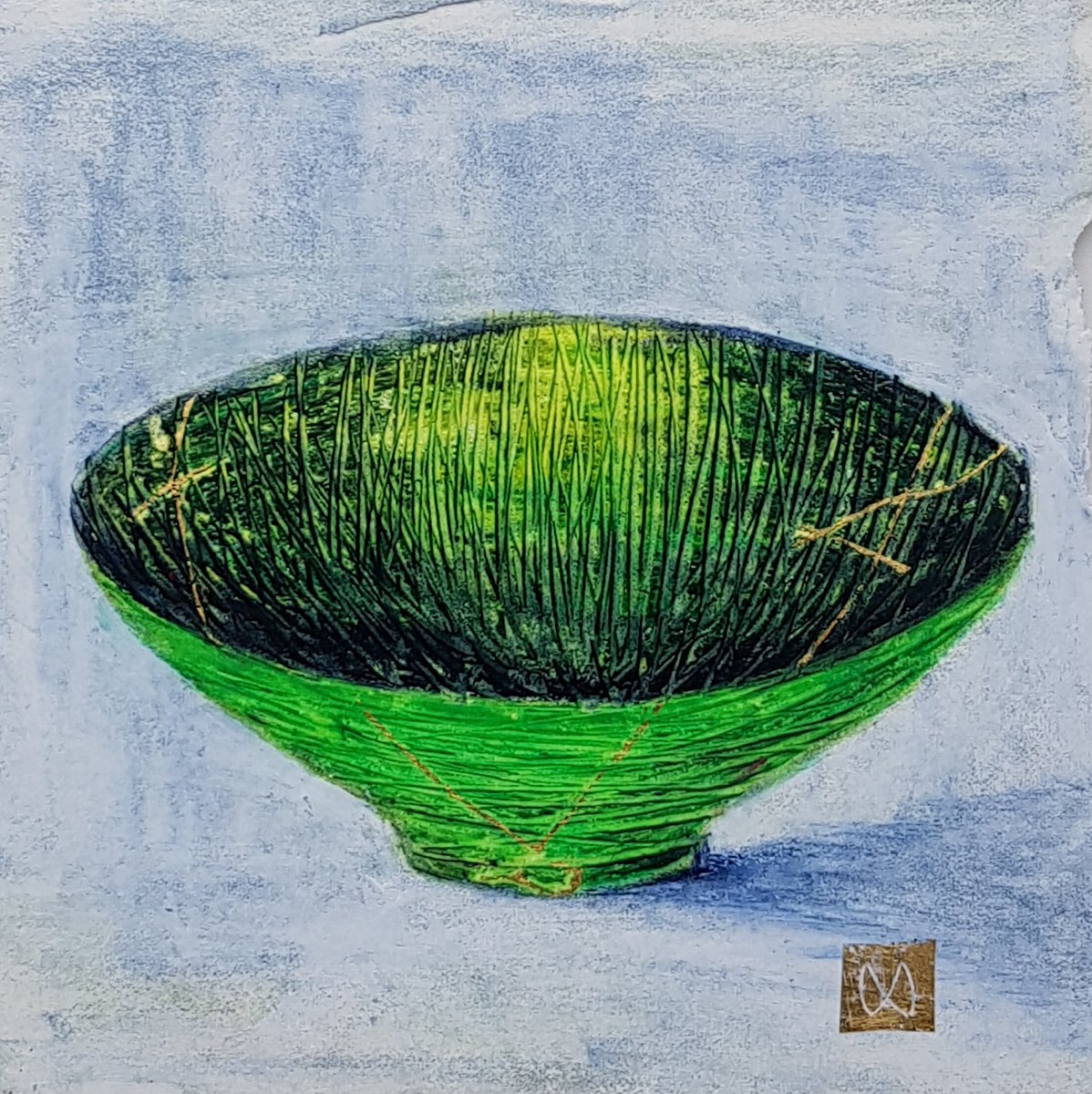 painting of Japanese kintsugi Summer tea bowl with gold by Irish artist green grass
