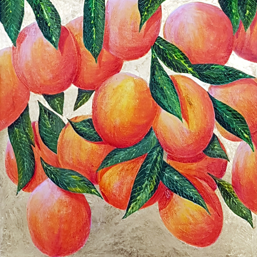 Painting of a nectarine tree with delicious ripe fruit with gold leaf