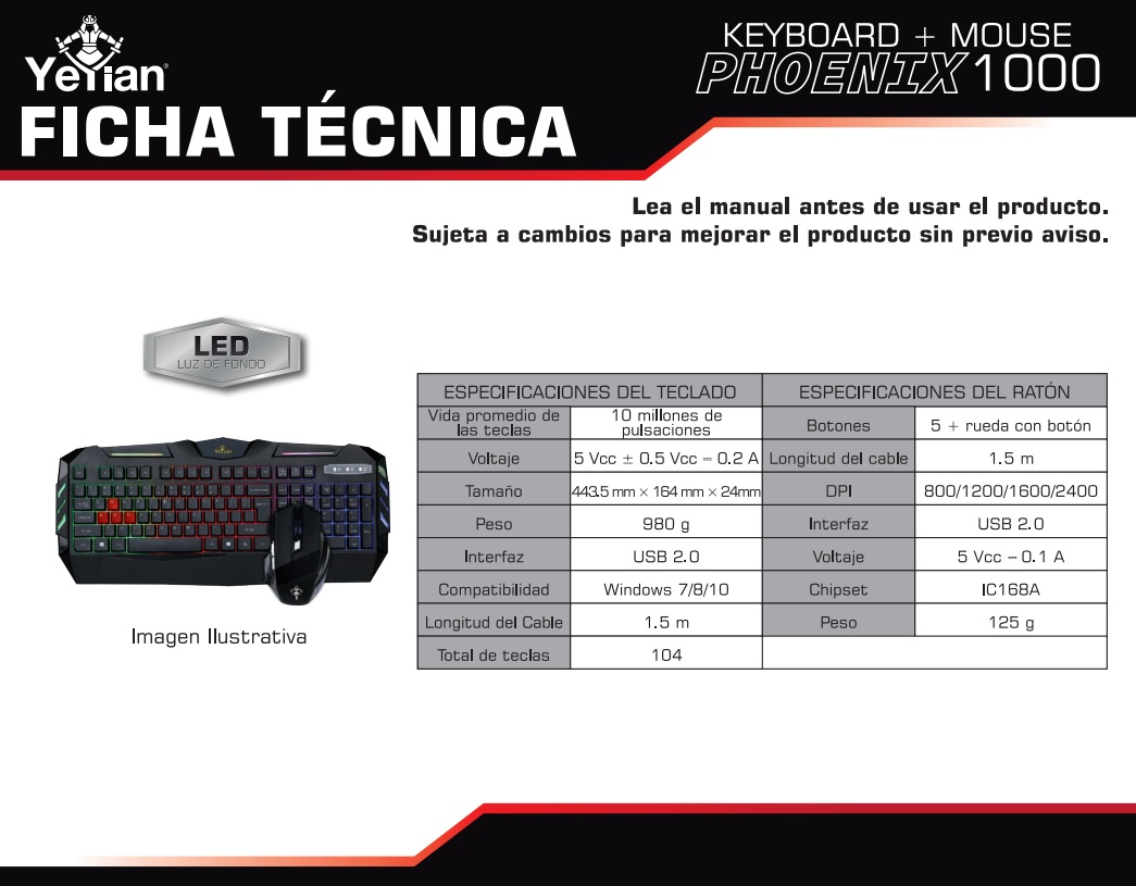 Kit de Teclado y Mouse USB Gaming YEYIAN Phoenix Serie 1000 2jpg