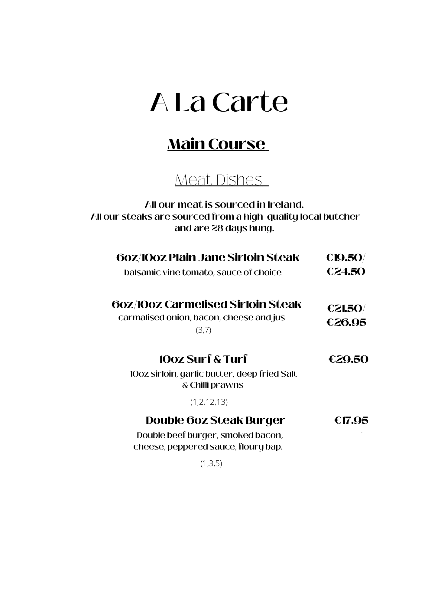 A la carte menu