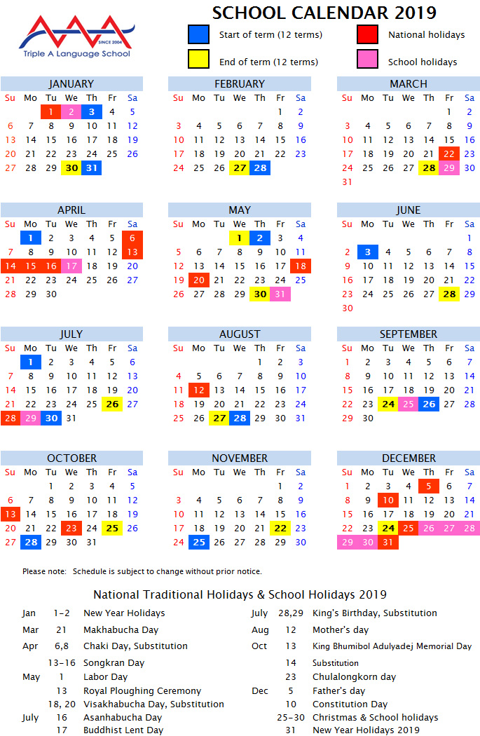School Calendar Starting Date AAA Thai Language School
