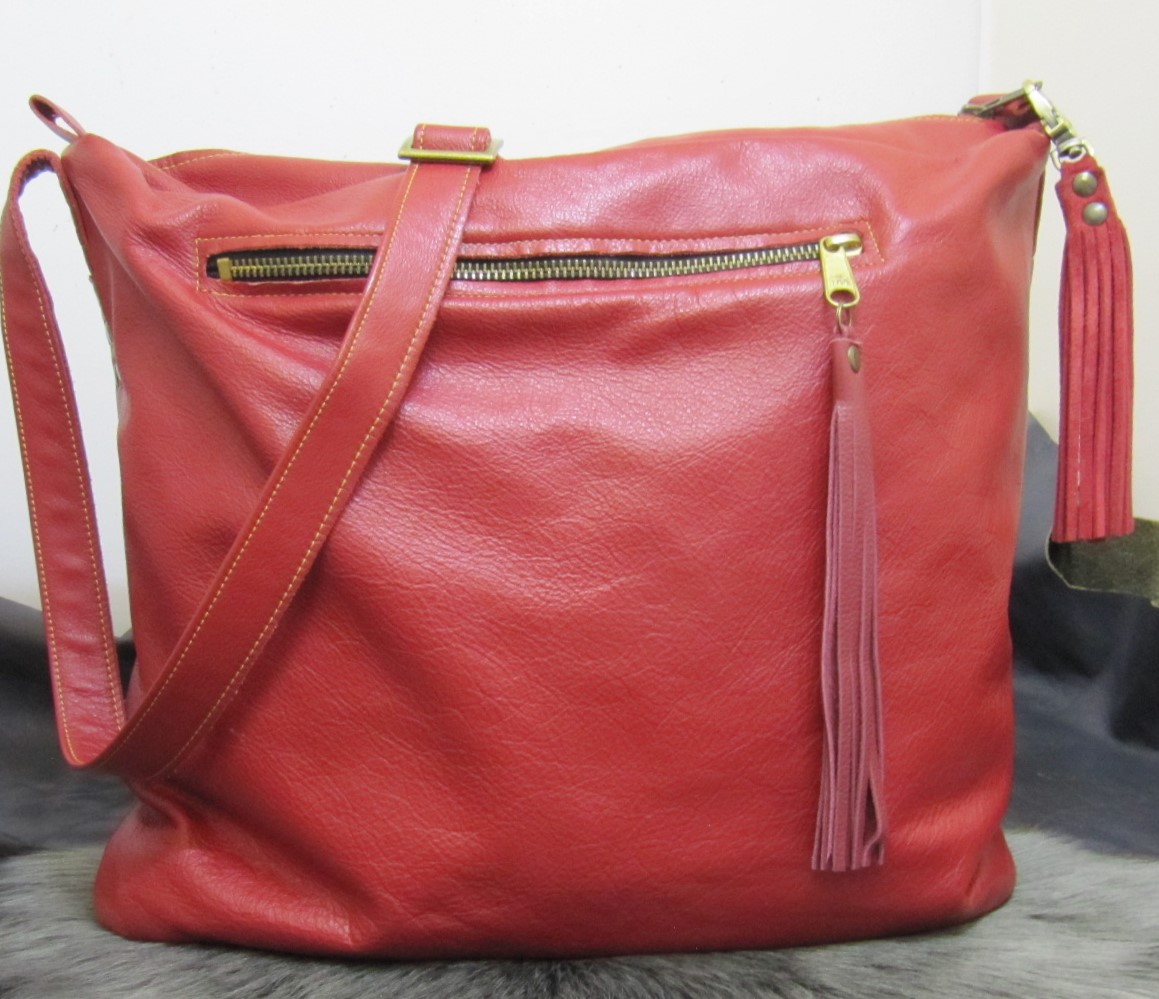 Large red leather handbag