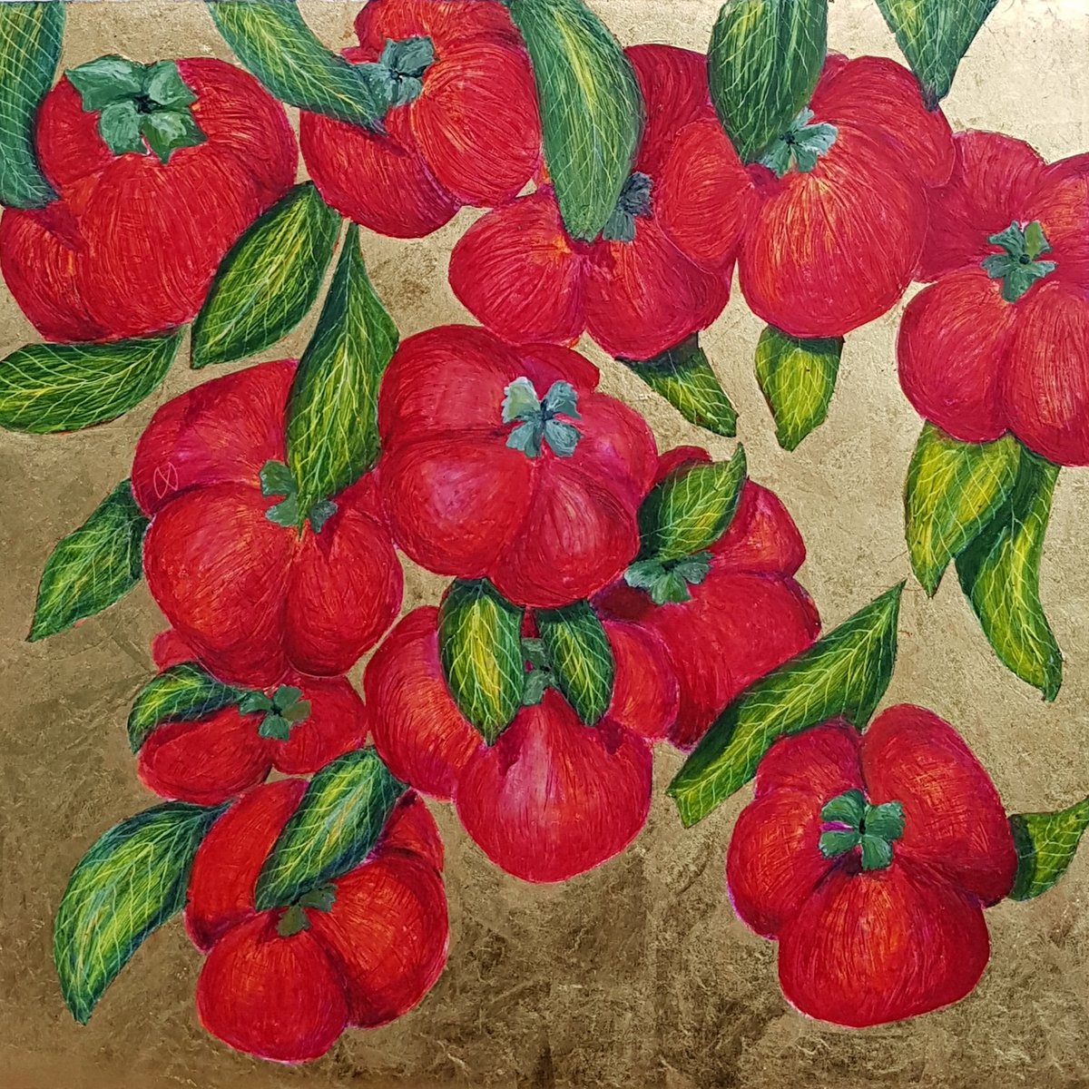Vibrant painting of a Persimmon tree with juicy red fruit on gold leaf