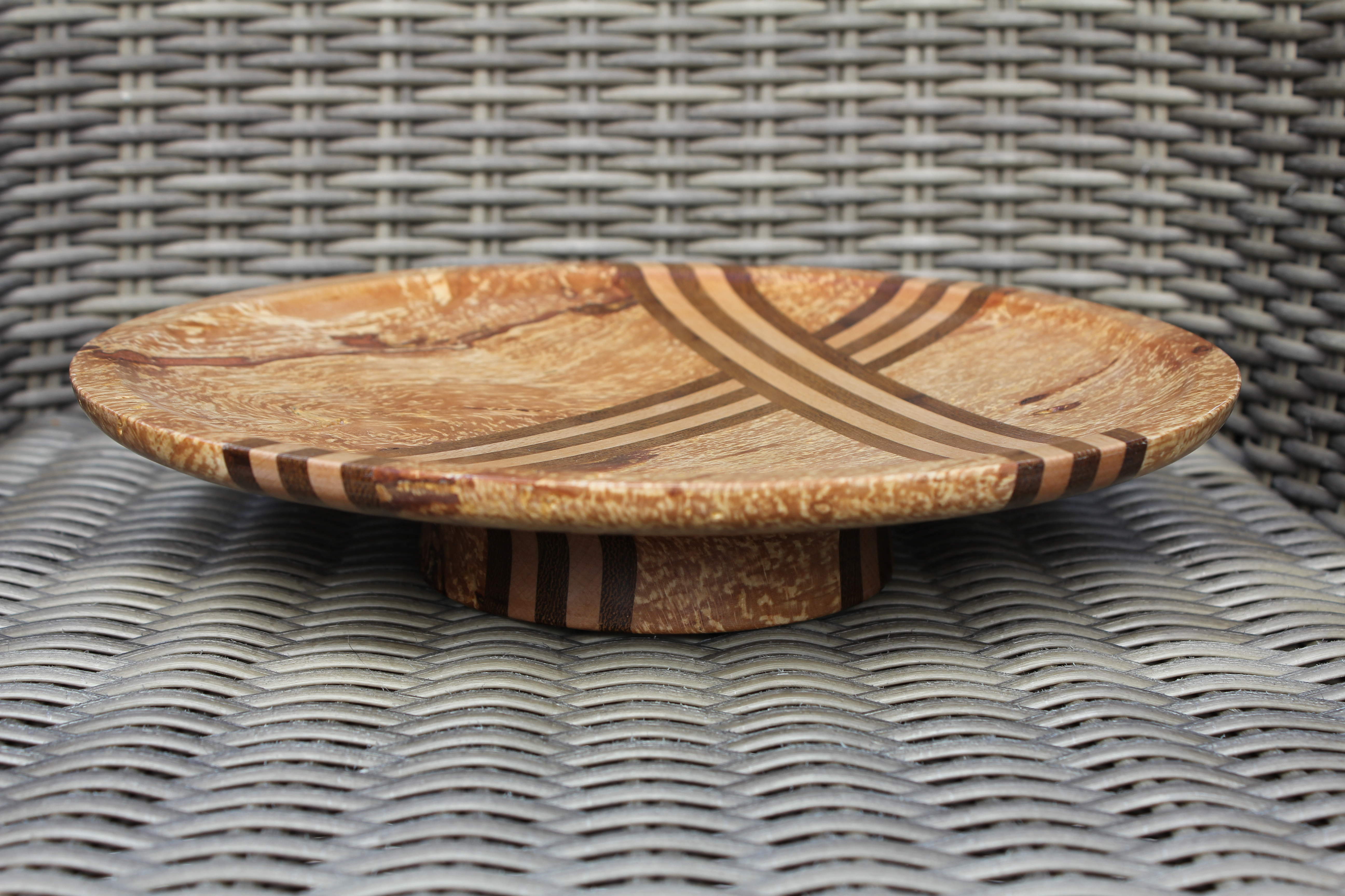 Spalted Beech turned with inserts of Beech and dark wood.  Dia approx' 30cm