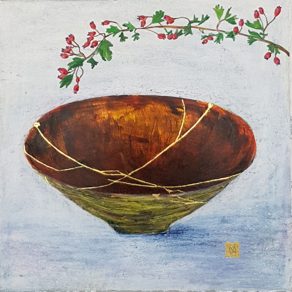 Contemporary painting of a moss green and warm brown kintsugi bowl with hawthorn branch and  gold repair.
