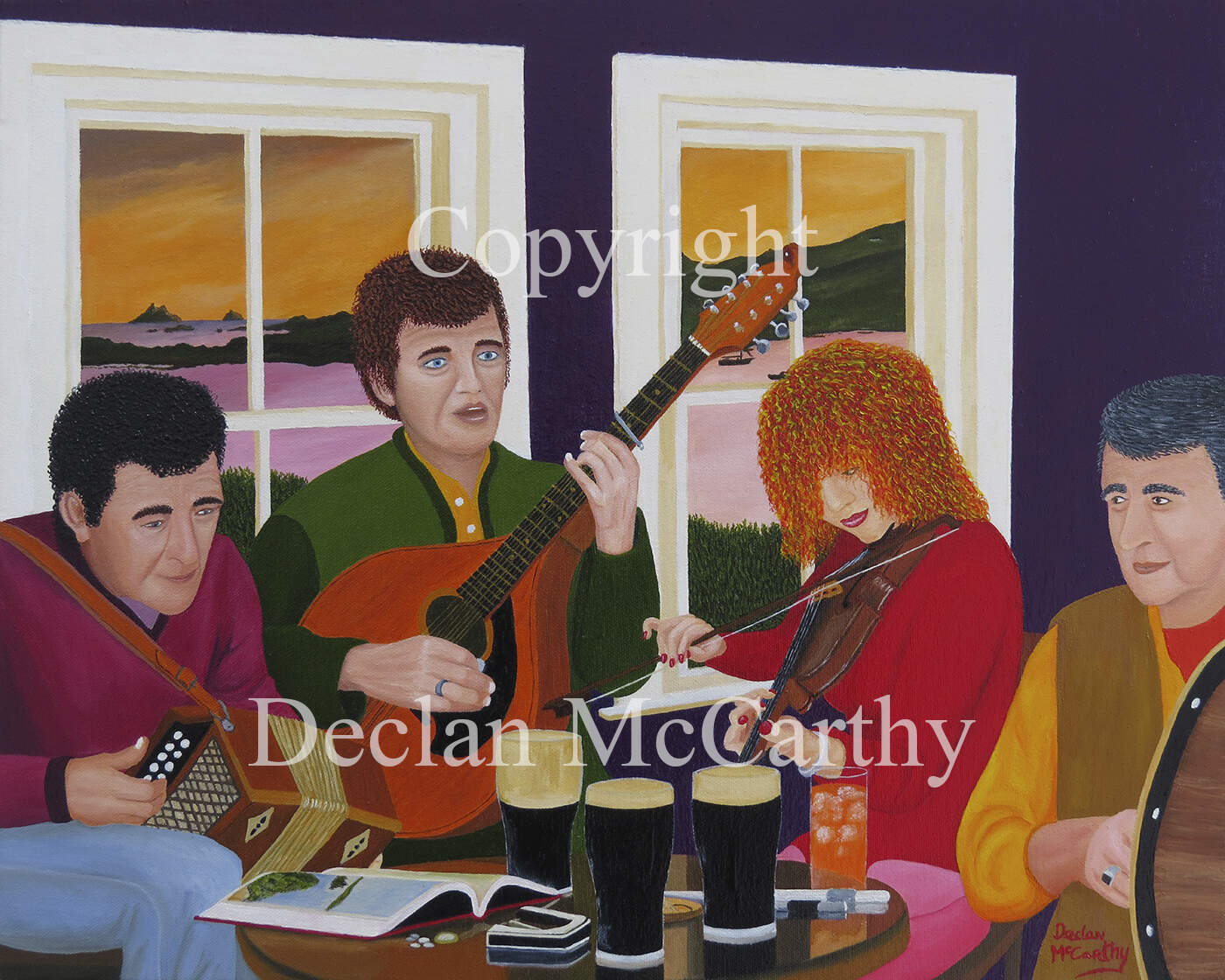 A Music session with a sunset over the Skelligs and Derrynane Harbour, Kerry, through the windows.