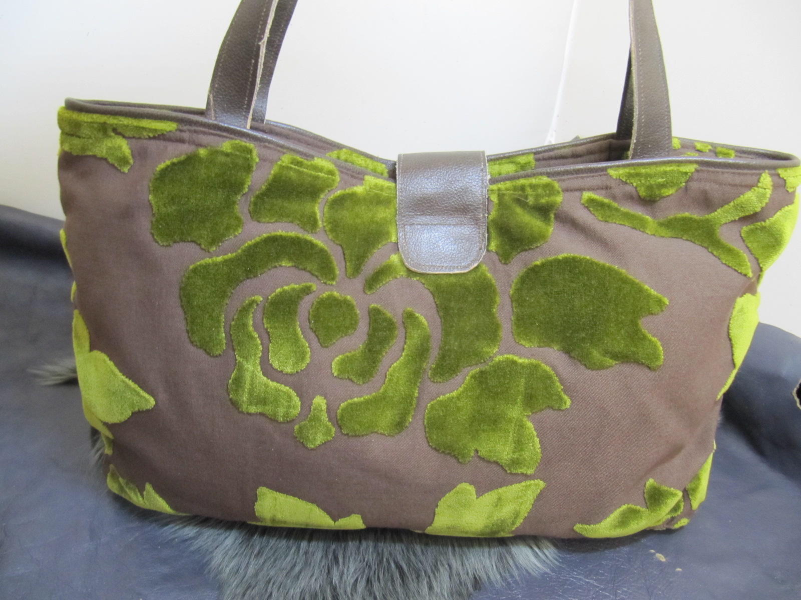Green & Brown fabric and leather shopper