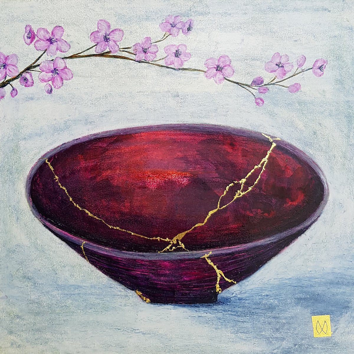 Contemporary painting of a purple majenta kintsugi bowl with plum blossoms gold repair.