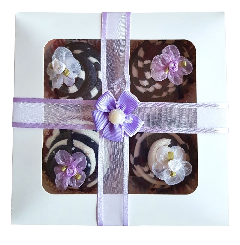 Women's Sock Cupcakes, Purple Ribbon Gift Box