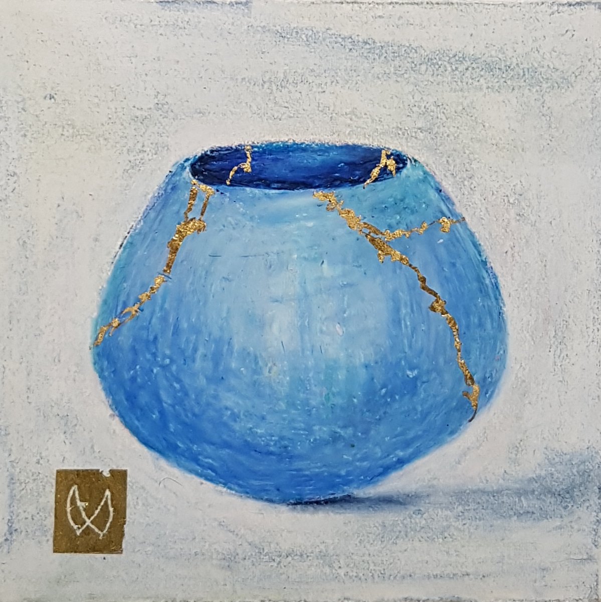 painting of Japanese kintsugi tea bowl with gold by Irish artist light blue