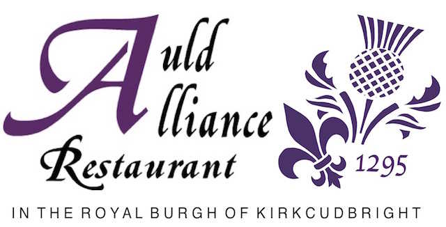 The Auld Alliance Restaurant Kirkcudbright has a logo in purple script depicting the name and the thistle combined with the French fleur de lys and the date when the Auld Alliance treaty was signed, 1295.