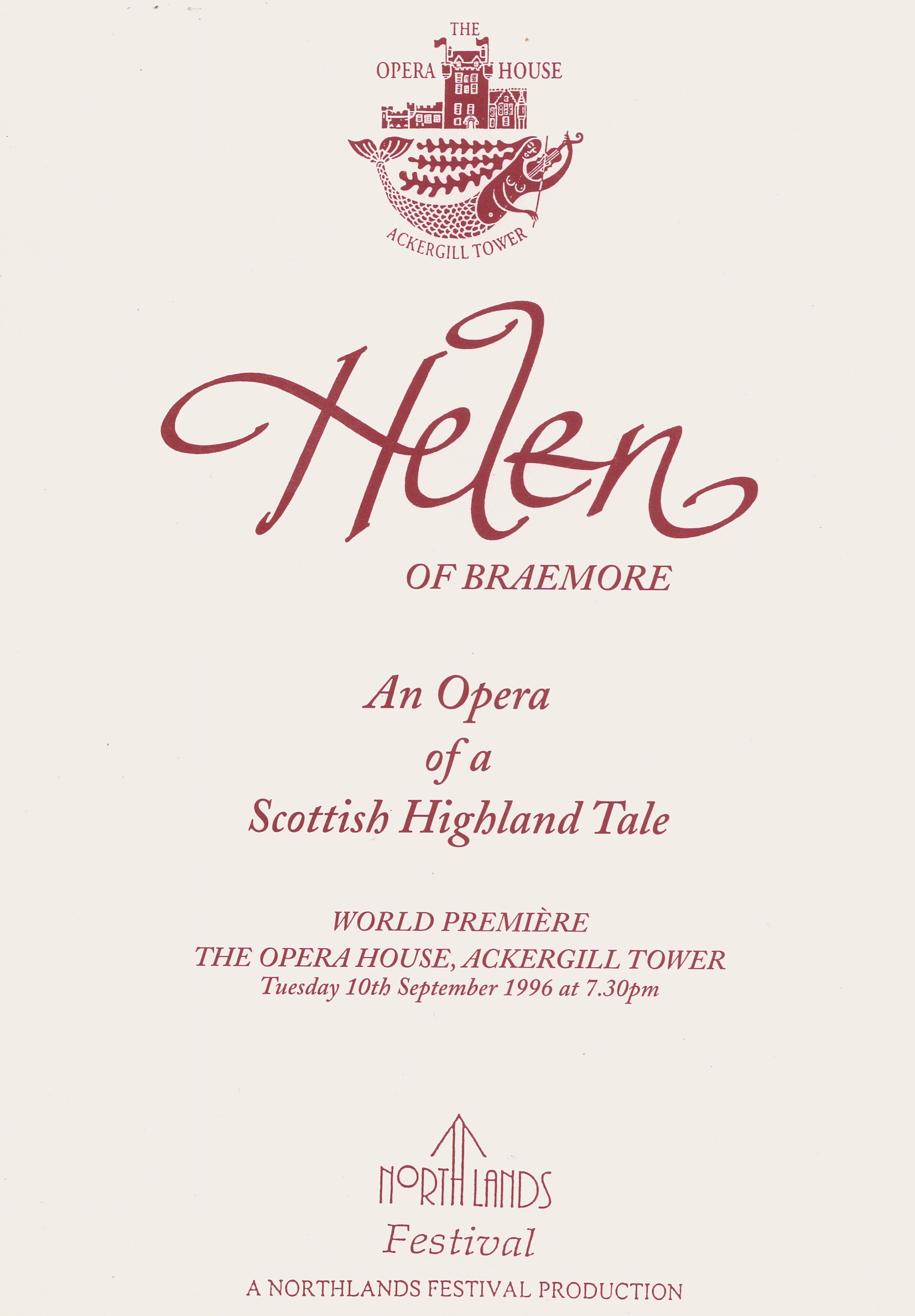 Opera programme for McGuire's Helen of Braemore 19961996