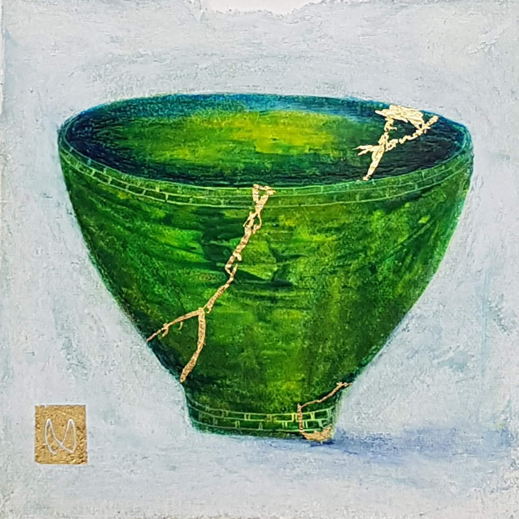 Painting of a green tea bowl. Kintsugi repaired with gold.
