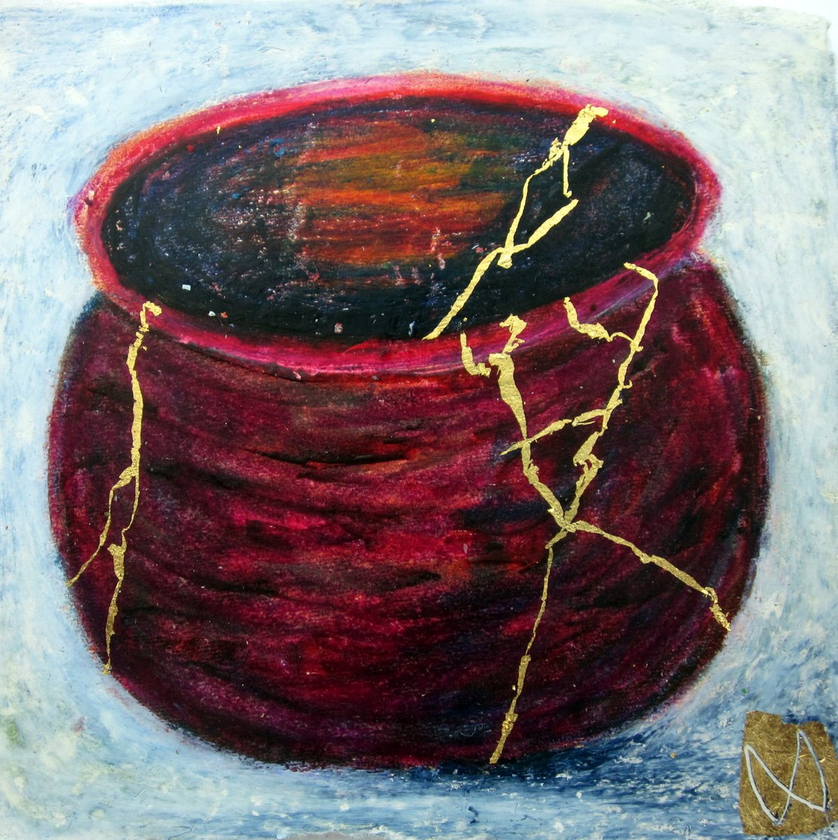 painting of Japanese kintsugi tea bowl with gold by Irish artist red maroon