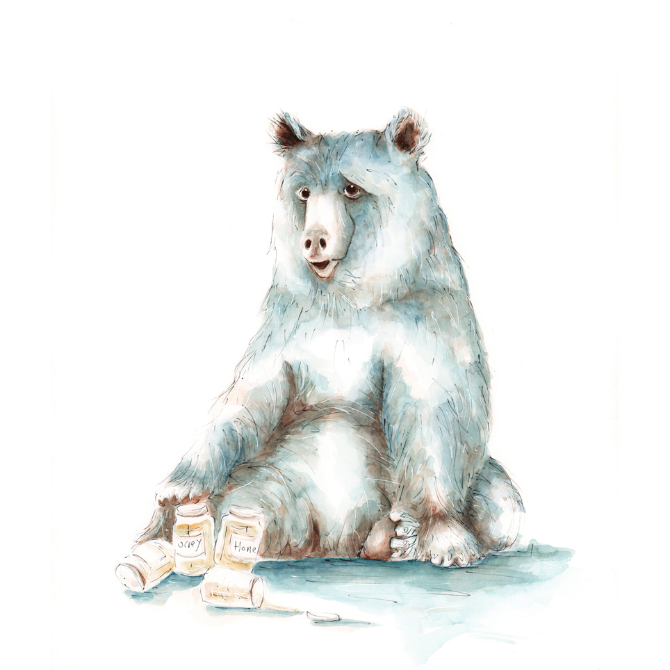 A3 Bear Eating Honey Watercolour Pencil & Ink Illustration