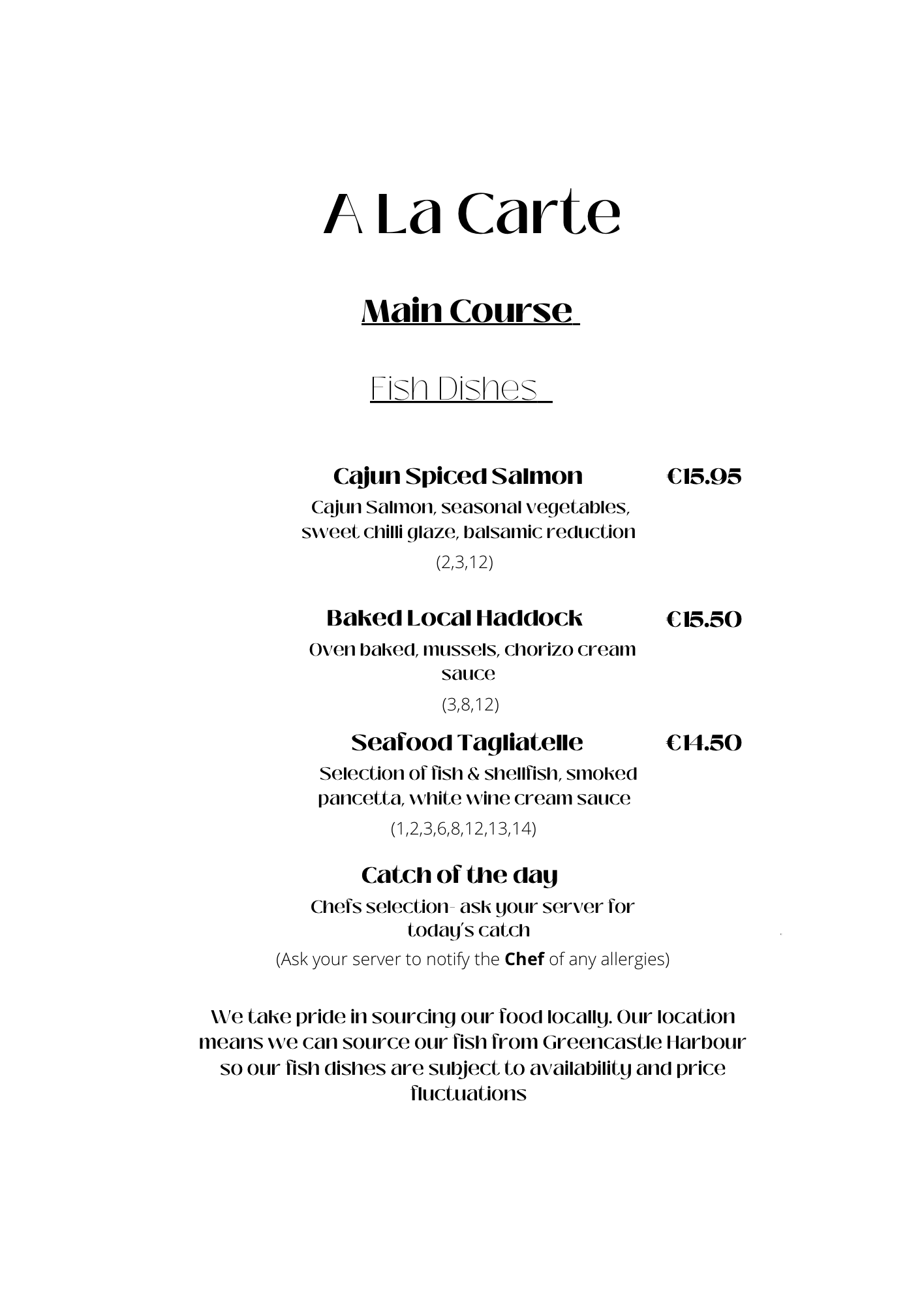 A la carte menu