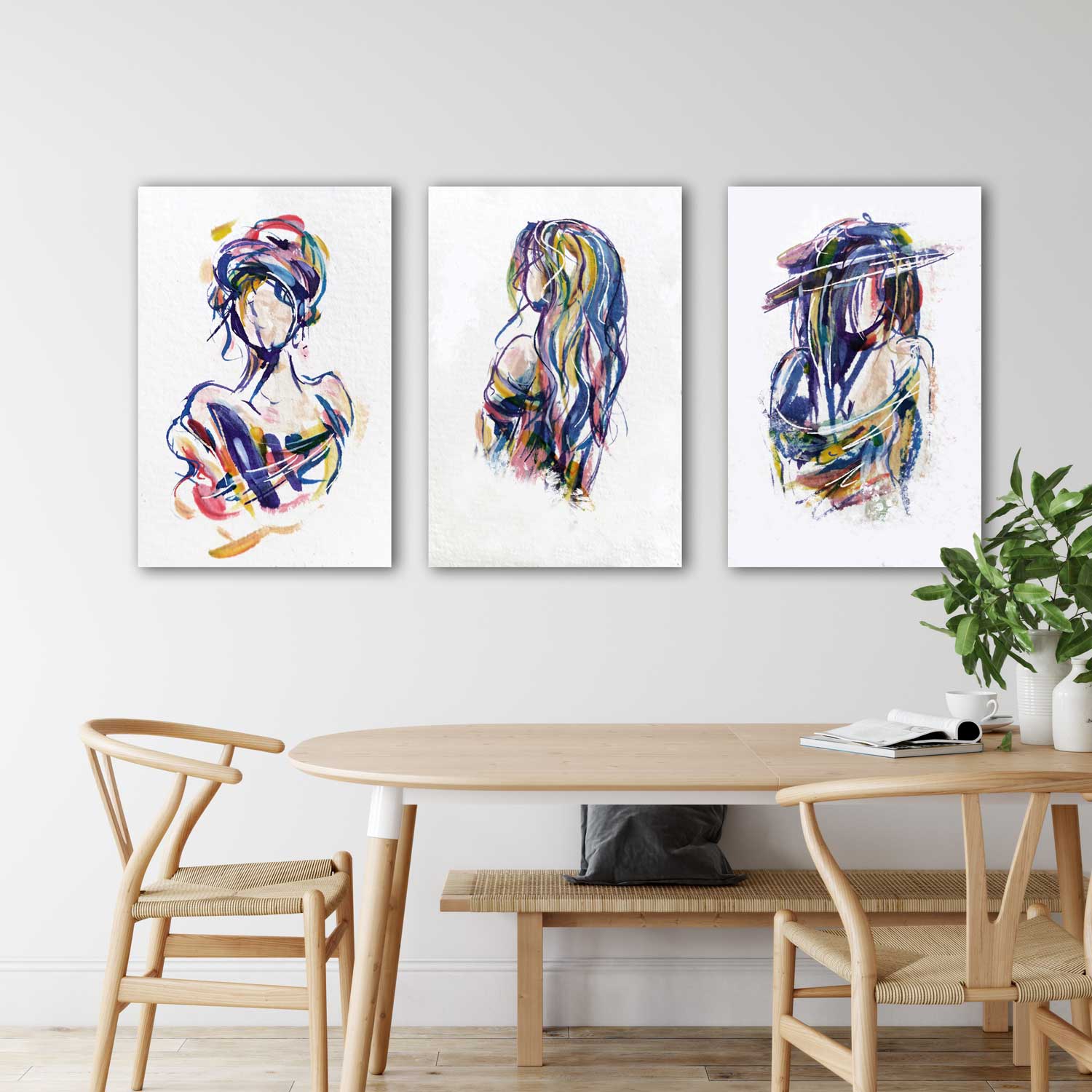 Drie moderne kleurige kunstwerken in dezelfde abstracte stijl