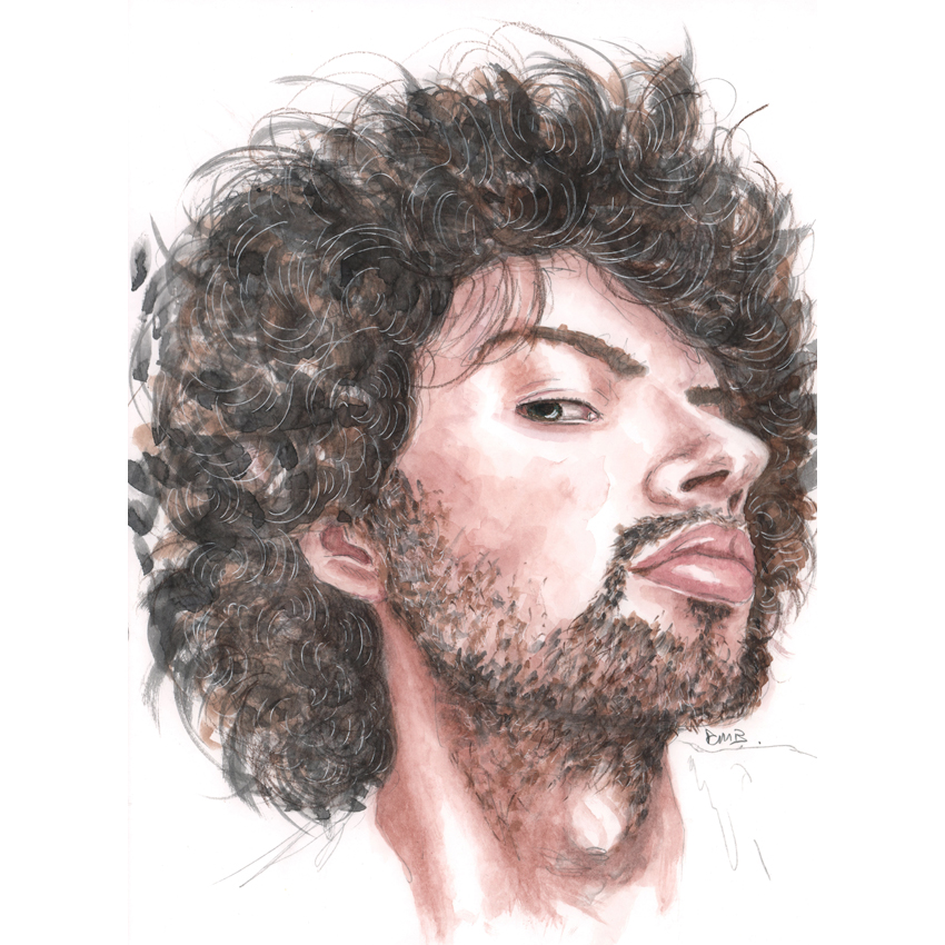 Watercolour, pencil & ink portrait illustration.