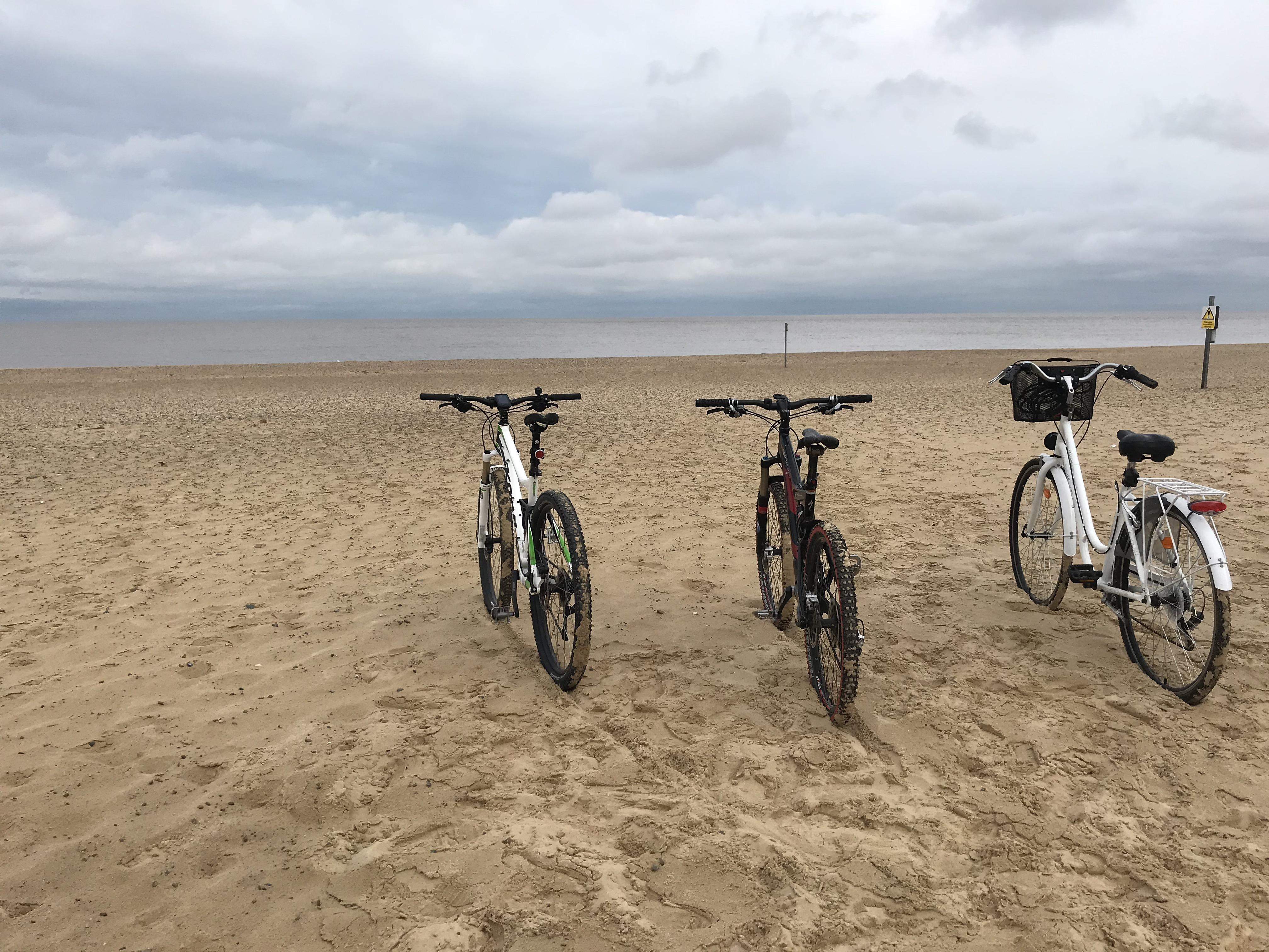 The beach was deserted on this freezing day, but the sand remained soft enough to stand the bikes