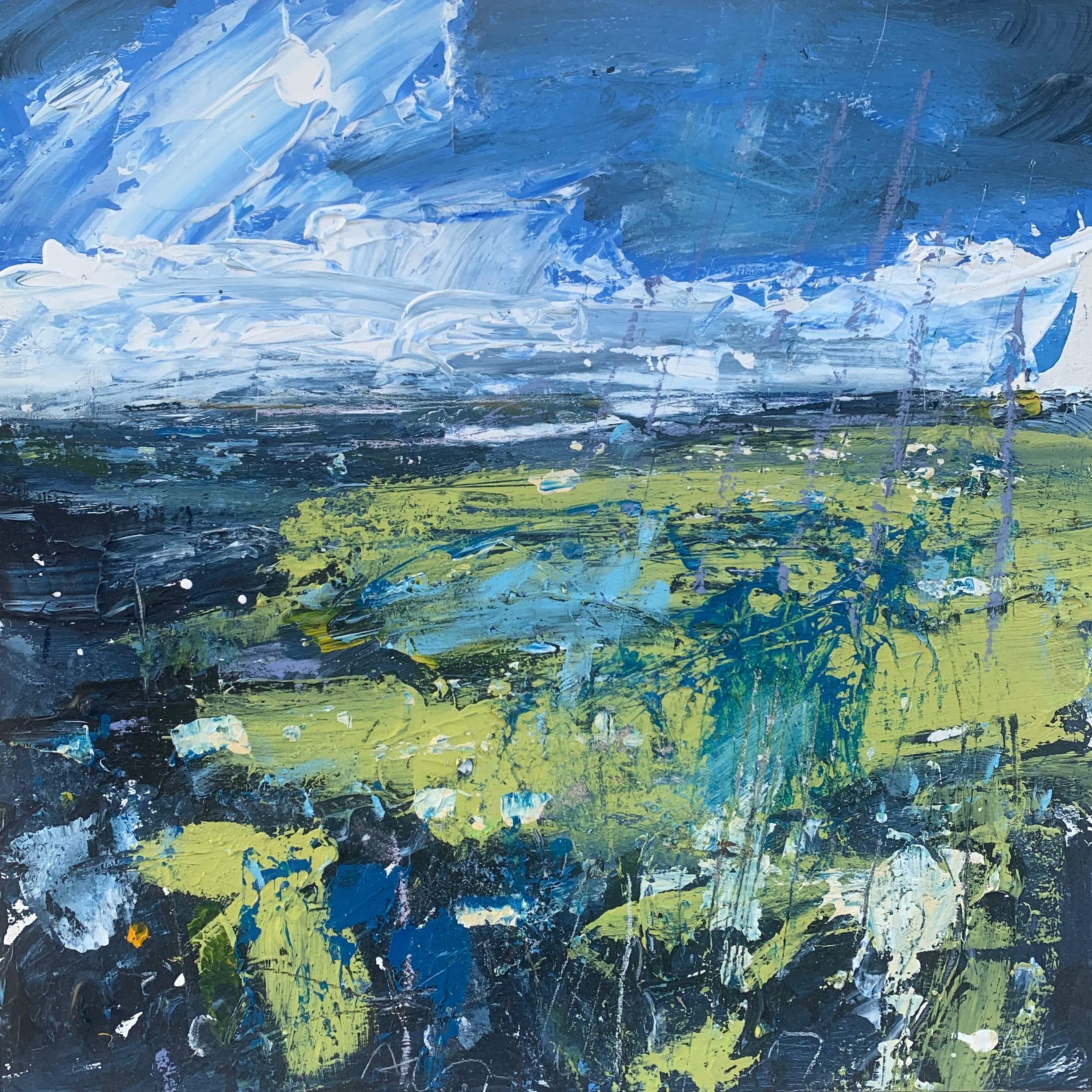 acrylic painting by Edinburgh based artist Small blue landscape on paper