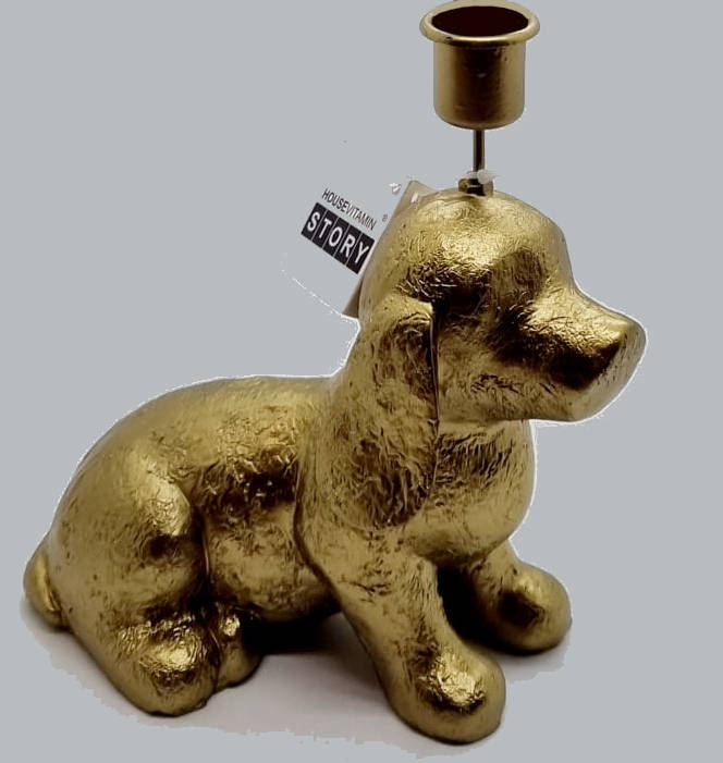 House Vitamine, goudkleurige honden kandelaar met kaars. Van €22,50 voor €17,50