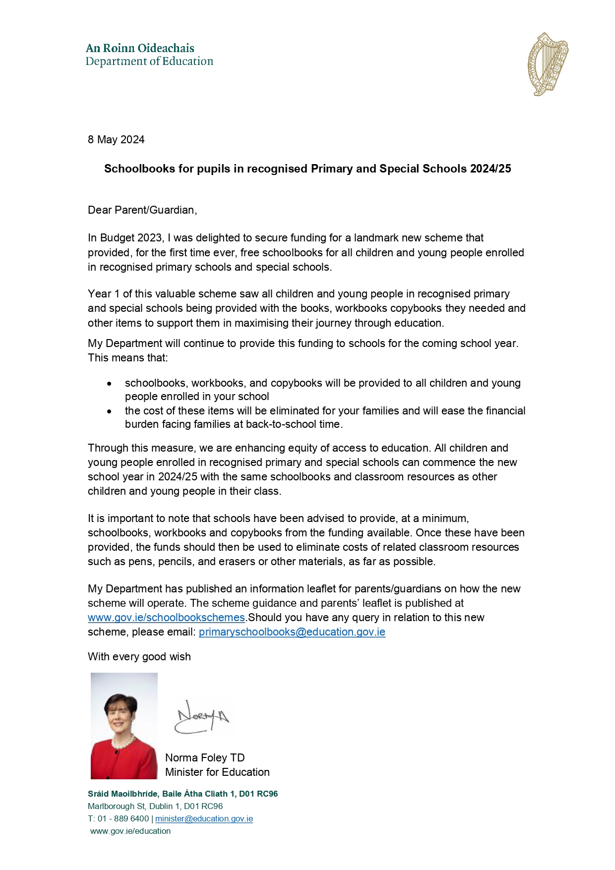 Letter to parents from Minister Foley primary English_page-0001 1jpg