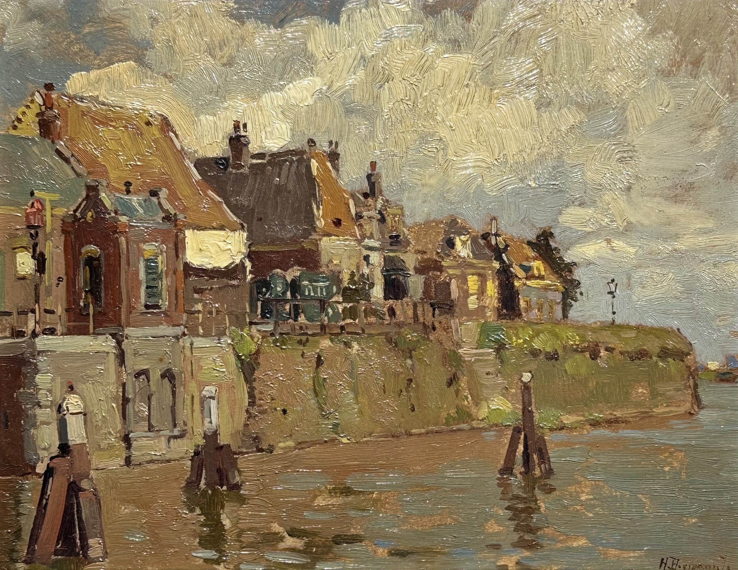 Fotoweergave schilderij 'Deventerkade aan de IJssel' van H.A.C. (Herman jr.) Bogman