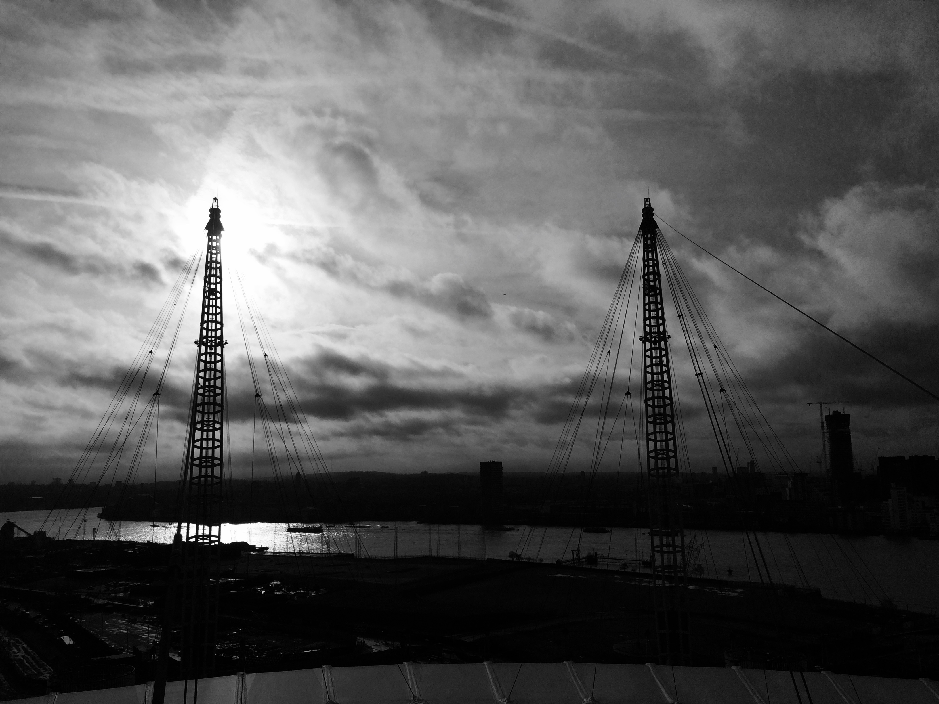 These are 2 of the pylons that support the roof of the O2 Arena, London, UK