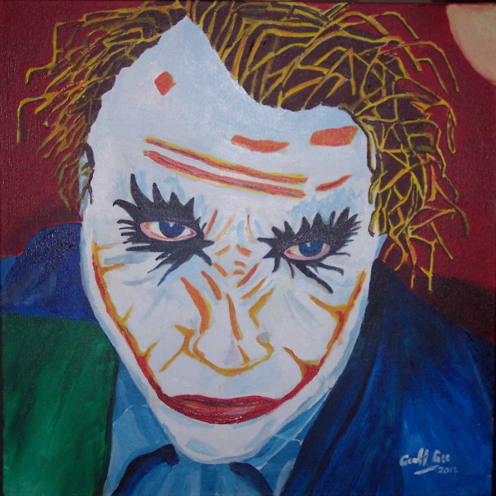 A Tribute to Heath Ledger as  "The Joker"  Acrylics  Canvas  Picture size - 16"x16"  Price - £150