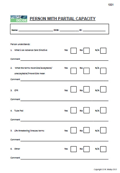 Long Term Care - Partial Capacity Form for End of Life Care Choices (Pack of 10)