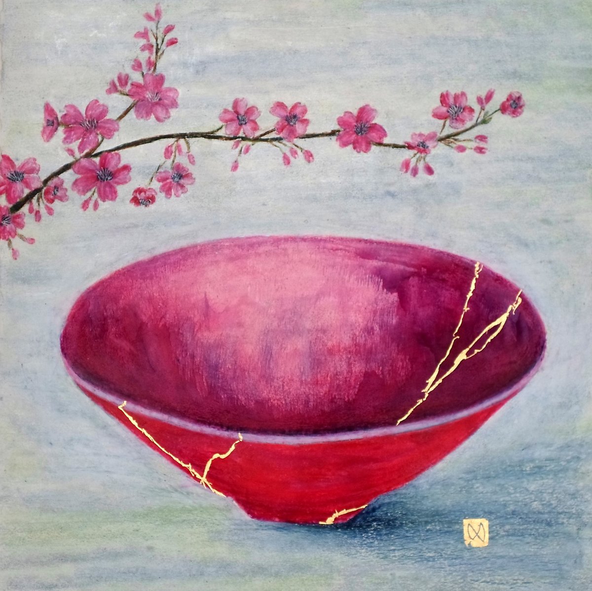 Painting of a pink bowl with cherry blossoms. Kintsugi repaired with gold