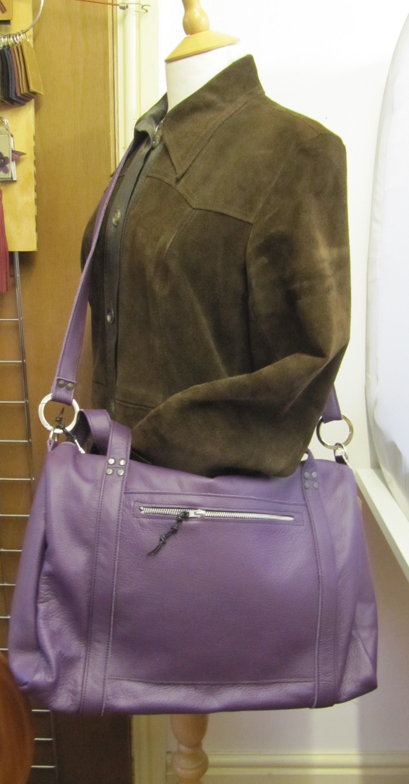 Purple leather overnight bag