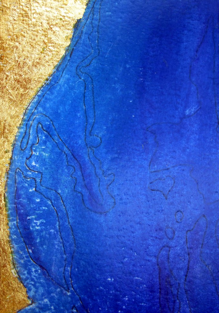 Abstract painting of a Wexford coastline at Curracloe  in blue with gold leaf